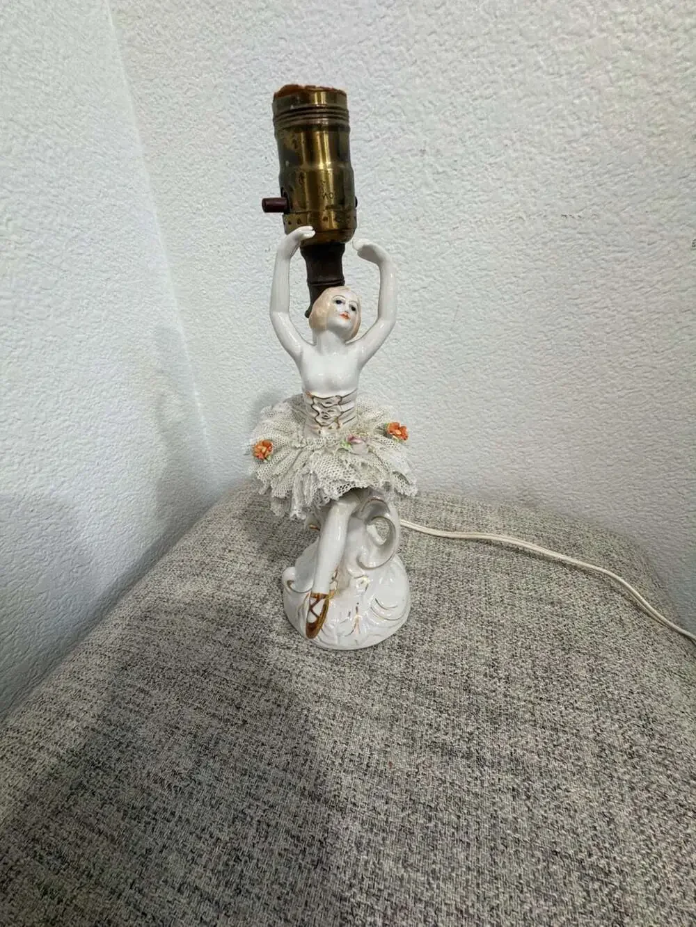 Vintage Dresden Style Porcelain Ballerina Figurine Table Lamp with Lace Tutu